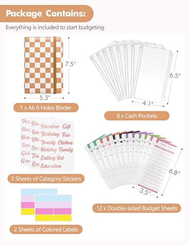Image of A6 Budget Binder for Money Saving, PU Leather Budget Planner with 8 Cash Envelopes, Budget Sheets & Rose Gold Category Stickers, Money Organizer for Cash (Tan Checkered)