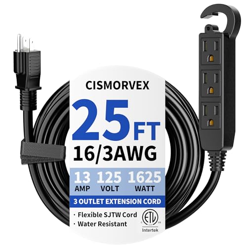 25 Ft 3 Outlet Outdoor Extension Cord Waterproof Grounded Extension Cord with Multiple Outlets 16/3 AWG 3 Prong Power Strip for Garden Patio Camping 13A 125V 1625W ETL Listed Black