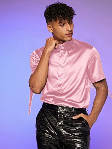 WDIRARA Men's Button Front Short Sleeve Fringe Trim Party Shirt Collar Club Tops3