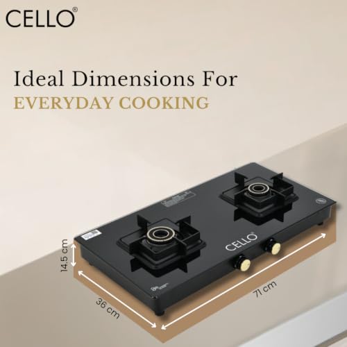 Image of Cello PEARL PLUS GT 2 Burner Gas Stove | Flower Design Brass Burners, 6mm Toughened Glass, Heavy-Duty Brass Valves, Flame Guard Pan Supports