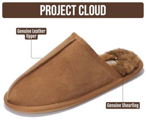 Image of Project Cloud Men's 100% Genuine Leather Shearling Memory Foam Slippers | Genuine Shearling Lining and Lightweight Non-Slip Indoor & Outdoor Wear Slippers for Men - Water-Resistant Mens Slippers