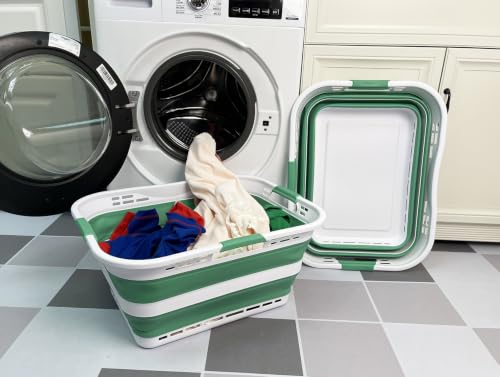 Image of SAMMART Set of 2 Collapsible Plastic Storage Basket - Foldable Pop Up Storage Container - Portable Laundry Organizer - Space Saving Hamper (White /Winter Green, 42L (Style A))