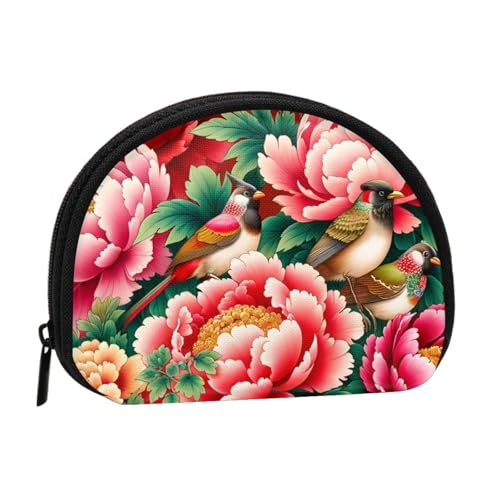 Portable Coin Purse Chinese-Bulbuls-Peonies Mini Zippered Money Pouch Card Holder - Main Image