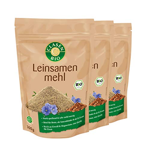 CLASEN BIO – Leinsamenmehl 3x300g Bundle – Leinsamen gemahlen stark quellend & mild nussig – Flax Seed Flour für Brote, als Saucenbinder & Ei-Ersatz – Spezialmehl reich an Eiweiß, Magnesium & Eisen