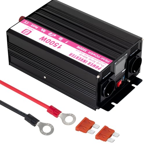 Power Inverter 1500W Onda Sinusoidale Pura Convertitore di Tensione DC 12V a AC 230V con Porta USB & LCD Display per Casa Auto Camion