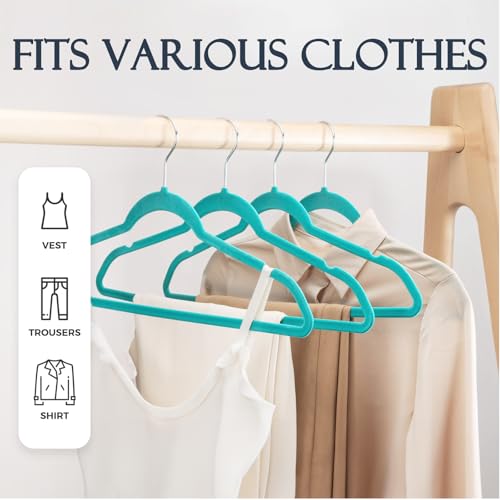 Image of HOUSE DAY Mint Green Velvet Hangers 60 Pack, Non Slip Clothes Felt Hanger Heavy Duty for Coat, Premium Slim Space Saving Suit Hangers for Closet Organizer, 360 Rotating Silver Hook