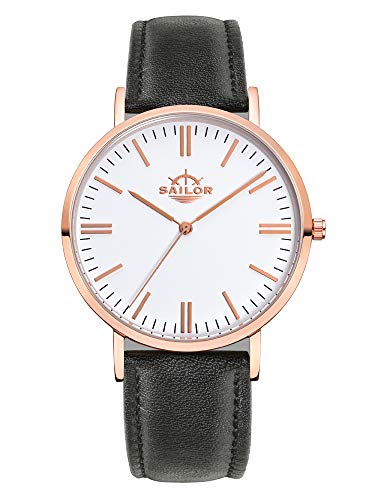 Montre Sailor Classic Basic en cuir noir et finitions or rose, l'excellence du design minimaliste