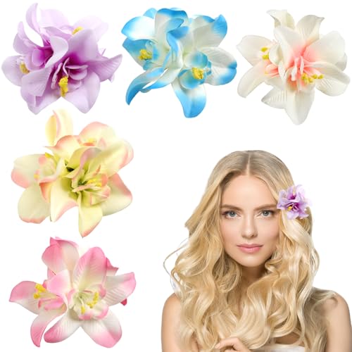 5 Stück Hawaii Haarschmuck,Blumen Haarklammer Damen,Doppelte Orchideen Haarspange Blume,Orchidee Haarschmuck und Ansteckblum für Frauen...