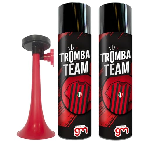 Magazzini GM Tromba Team, Tromba da Stadio con i Colori della Squadra del Cuore, Avvisatore Acustico per Eventi Sportivi e Nautica, 300ml (Tromba Completa + Ricarica, Rosso Nero)