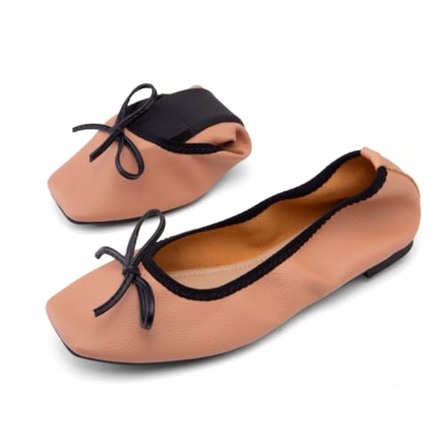 HRGKLMN Bailarinas de Mujer Negras, Suaves Plegables Zapatos Planos, diseño de Punta Cuadrada con Lazo, cómodos Zapatos de Mujer, Zapatillas Transpirables para Oficina,Braun,43 EU