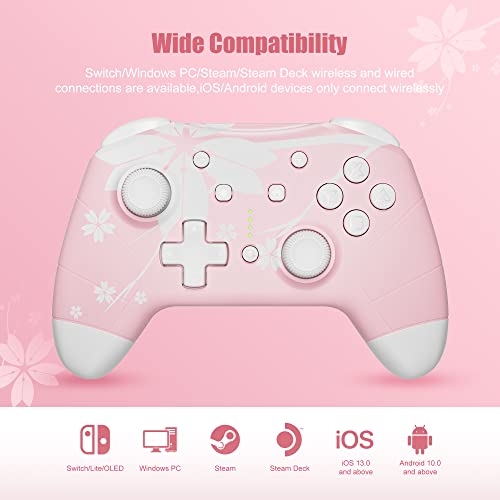 Mytrix Sakura Pink Pro Wireless Controller Compatible with Nintendo Switch, Windows PC iOS Android Steam Deck, Bluetooth Controller with Programmable Buttons, Auto-Fire Turbo, Motion Vibration - Thumbnail 3