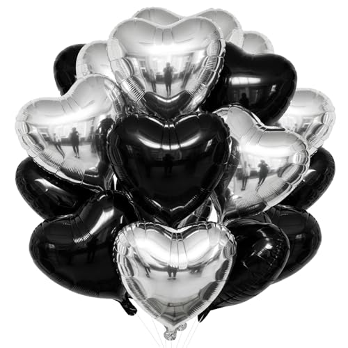TONIFUL 30 Pcs Black Silver Heart Balloons 18 Inch Heart Shape Foil Balloon