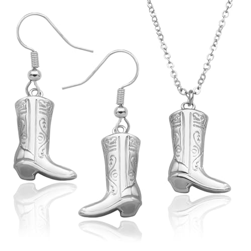RechicGu Texas Cowboy Boot Necklace Earrings Western Jewelry Set for Women Silver Golden Color Cowgirl Choker Dangle Earring Set Dainty Country Accessories Rodeo Outfit for Ladies Trendy Silver