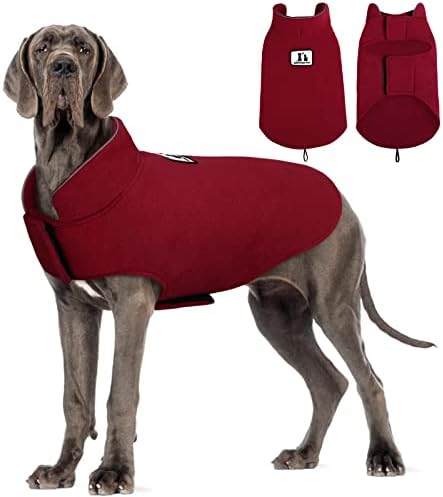 DENTRUN Windproof Winter Warm Fleece Medium Large Dog Coat Reversible Puppy Jacket Reflective Soft Pet Vest, Cold Weather Dog Sweater Apparel Leash Access Overcoat for Large Breeds, Burgundy, L