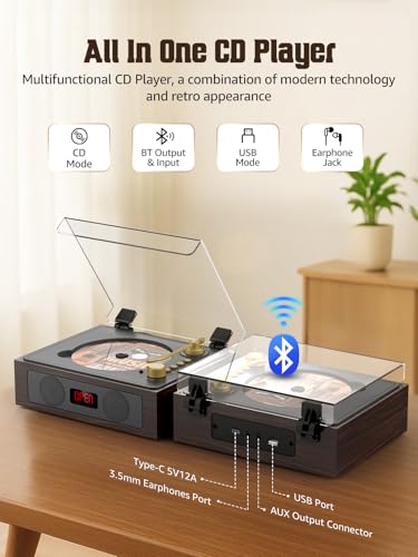 Image of CD Player with Built-in Speakers Bluetooth Retro Portable CD Players for Home Music Player with Remote Control Headphone Jack (Walnut Brown with LCD Screen)