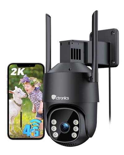 Ctronics 4G LTE Cámara Vigilancia con Tarjeta SIM, 2K PTZ Camara Exterior sin WiFi, AI Detección Humana & Seguimiento Auto, 24/7 Grabación Continua, Visión Nocturna a Color, PC/Cloud/TF/FTP, IP66