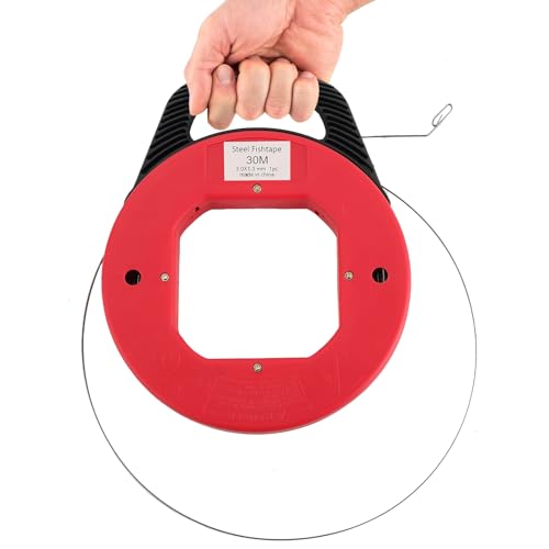 FLKQC 100 Feet (30M) Steel Fish Tape in Red Plastic Housing Retractable Wire Fish Tape Reel Pulling for Heavy Duty Pulls, Short Runs and Conduit Measuring