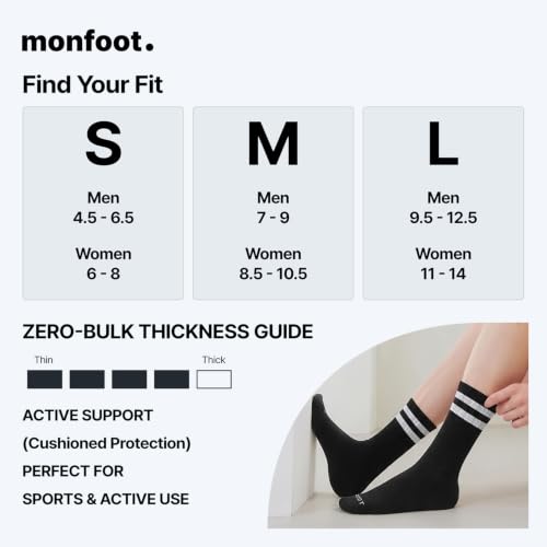 Image of MONFOOT 3-8 Pairs Cushioned Athletic Crew Socks Women Men Moisture-Wicking | Mid-Calf, Stay-Up and Snug Fit, Sports and Daily Wear, Breathable Mesh Venting, Arch Support, Sizes Womens 6-14 Mens 4.5-12.5