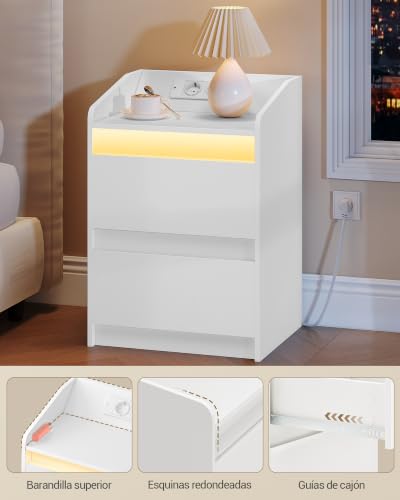 Miniatura 7 de Hzuaneri Mesitas De Noche Juego De 2 Con Luces Led, Estación De Carga Y 2 Cajones, Mesa Auxiliar Con Puertos Usb Y Enchufes De Energía, Ideal Para Sala De Estar Y Dormitorio, Blanco Ns30103x