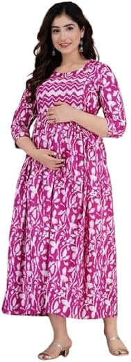 Womens Cotton Printed Feeding Maternity Anarkali Kurta for Pregnancy