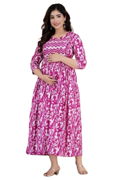 Womens Cotton Printed Feeding Maternity Anarkali Kurta for Pregnancy