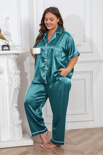 Image of Vozanet Women's Button Down Satin Pajama Sets Silky Short Sleeve Top & Pants Plus Size Loungewear Classic Sleepwear XL to 5XL