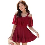 TeddyShop 水着 レディース 体型カバー ワンピース 大人 オールインワン オフショルダー フレア 大きいサイズ hys1515 XL(11号) P:レッド×レース