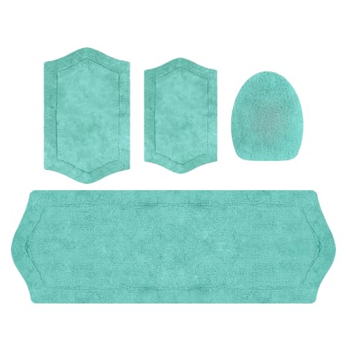 Home Weavers Waterford Collection 100% Cotton Tufted Bath Rug, Extra Soft and Absorbent Bath Rugs, Non-Slip Bath Mats, Machine Washable Bath Mats, 4 Piece Set with Toilet Lid Cover, Turquoise