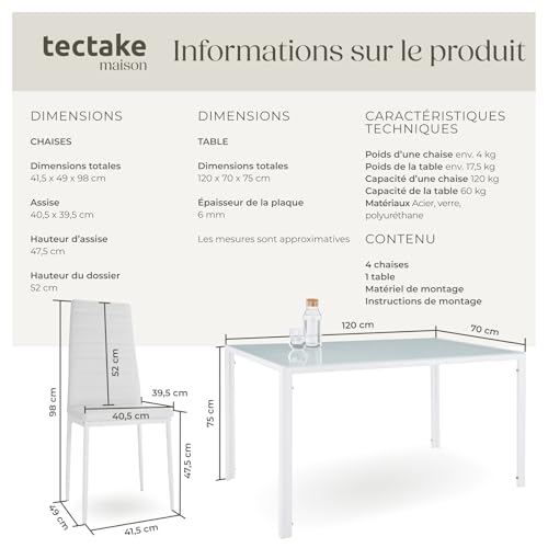 Table à manger verre trempé 120x70 + 4 chaises TecTake GmbH