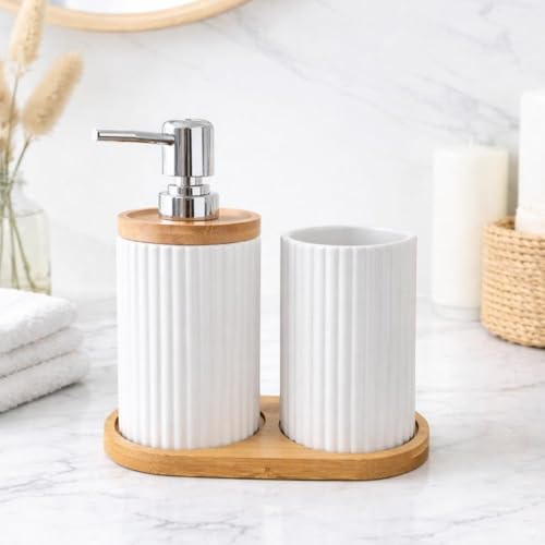 Kit Lavabo em Porcelana com Bandeja de Bambu – Dispenser 400ml e Porta-Escovas – 3 Peças (Branco) ideal para Organizar e Decorar o Banheiro ou Lavabo com Praticidade e Sofisticação.