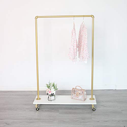 Gold Metal Clothing Rack with Wood Shelf, Heavy Duty Rolling Garment Rack with Wheels for Bedroom Retail Boutique Use (37.4L inches)