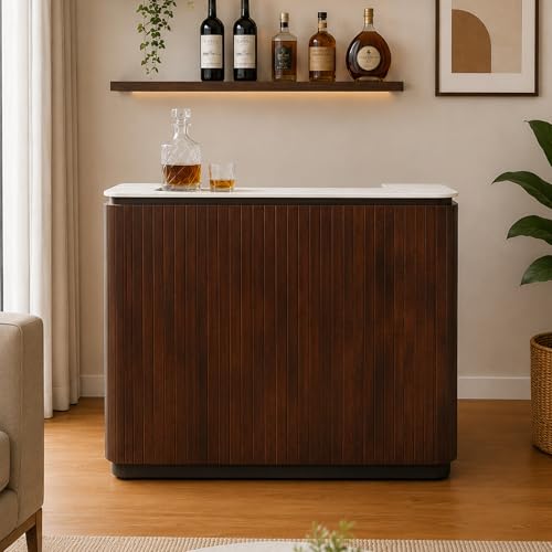 Image of The Attic Jalsa Bar Cabinet, Walnut Finish | Hard and Soft Drinks Storage, Wine Whisky Scotch, Round Bar for Home