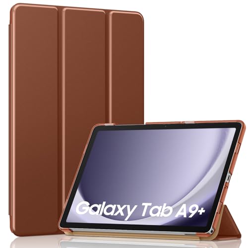 Image of MoKo Trifold Case for Galaxy Tab A9 Plus /A9+ 11 Inch 2023, Brown | Slim Stand Hard PC Translucent Back Shell Smart Cover, Auto Sleep /Wake, Light, Anti-scratch, 2 Adjustable Angle