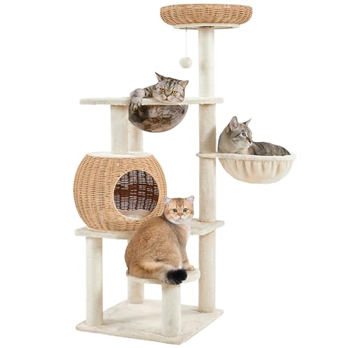 Yaheetech Arbre à Chat 137,5 cm en Rotin, Griffoir en Sisal Beige