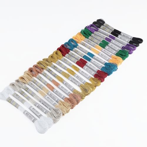 Image of Metallic Embroidery Floss 24 Skeins Set (12 Colors*2 Skeins) Glittery Metal Effect Shinny Cross Stitch Thread for Hand Embroidery, Sewing and DIY Handmade Artwork (12 Colors*2 Skeins-Set 1)