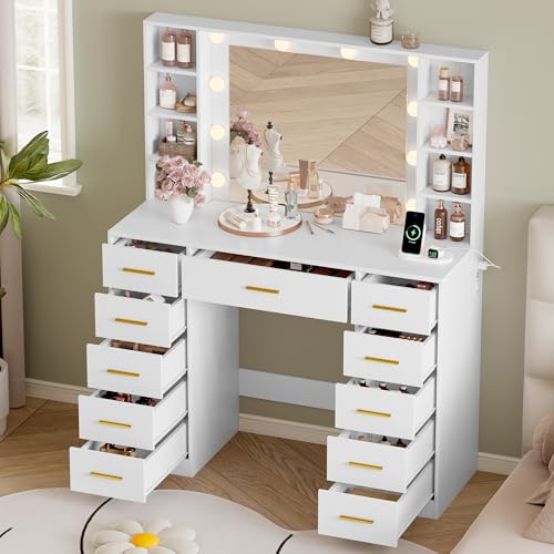 Image of Wodeer Makeup Vanity with Drawers, 43 inch White Vanity Desk with Mirror and Lights, 11 Drawers & 4 Shelves, Power Outlet & Adjustable LED Lights, Dressing Table for Women & Girls Bedroom