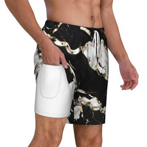 Short de plage double couche EdWal imprimé marbre noir et blanc homme