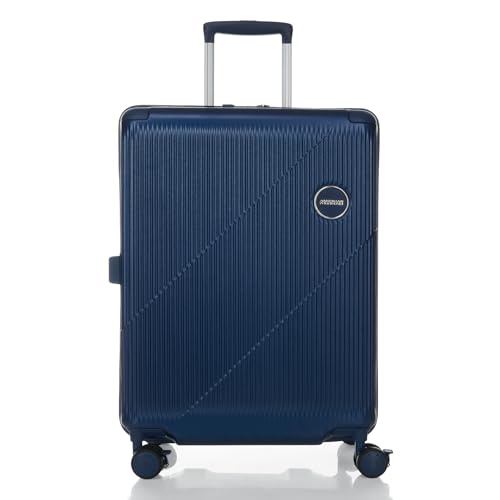 American Tourister PC Spinner Alcove+ 67 CM Medium Luggage Bag with TSA Lock & 8 Wheels Hard Check-in Suitcase/Trolley Bag for Travel/Holiday/Travel Bag with Double Spinne Wheels for Men & Women- Blue