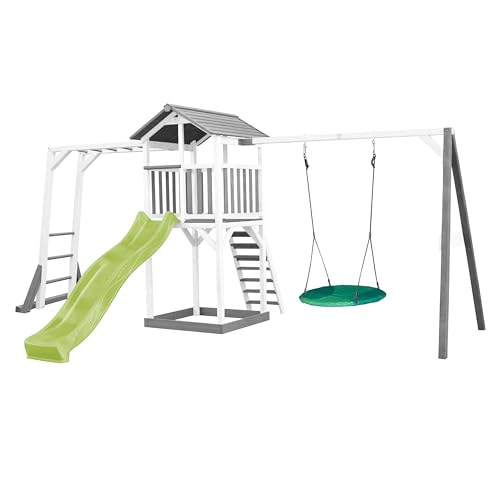 AXI Beach Tower parco giochi in legno in grigio e bianco | Torre di gioco con sabbiera, struttura per arrampicarsi, altalena a nido e scivolo verde lime | Casa per bambini su palafitte per giardino