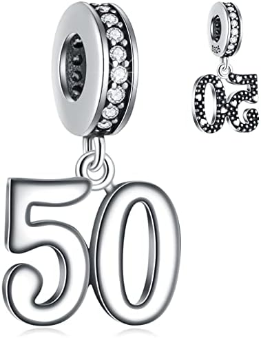 50 Birthday Dangle Charms fits Pandora Mothers Day Bracelet, 925 Sterling Silver 50th Anniversary Pendant Beads with Birthstone CZ, Number 50 Years Bday Gift for Grandma/Father/Mom