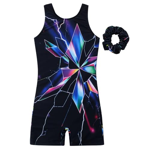 JESKIDS Leotards for Girls Gymnastics with Shorts Dance Biketards Tumbling Matching Hair Scrunchie 3~15 Years Lightning Glass 12-13 Years