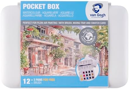 Vangogh Pack Of 12 Watercolors + 3 Pocket Box + Brush # 6 - Water Color Box Hp8631+3 - Artist Portable Watercolour Set Of 15 Colors