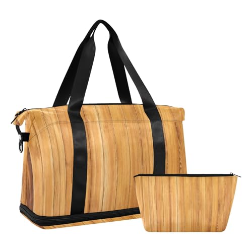 Brown Wood Grain Gym Bag Sports Duffel Bags with Toiletry Bag for Gym Waterproof