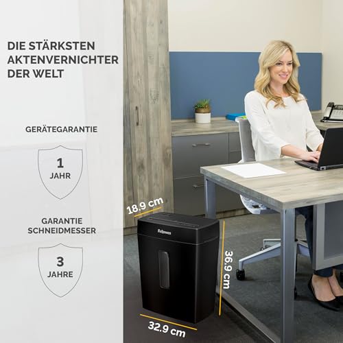 Fellowes Aktenvernichter, Papierschredder für 8 Blatt Partikelschnitt, Aktenvernichter P4, Schredder für Zuhause und Homeoffice, 15L Papierkorb, verarbeitet Kreditkarten, Heftklammern, Schwarz