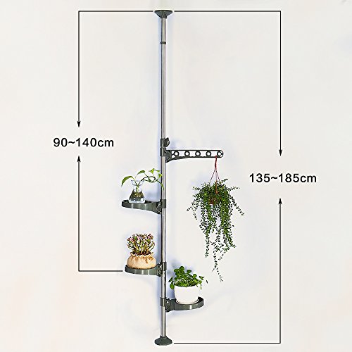 Baoyouni Indoor Plant Pole Stand Tension Rod Adjustable Flower Display Rack Spring Loaded Floral Hanger Storage Shelf With 3 Trays & 1 Arm For Windowsill Counter Top, Grey #TOP5