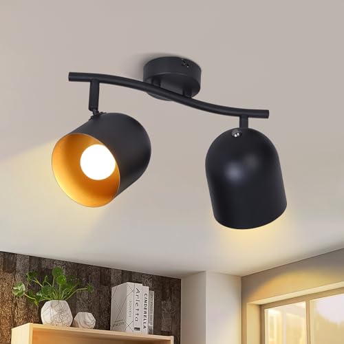 Kowanie Spot de plafond Plafonnier vintage 2 flammes : E14 spots rétro plafonnier de cuisine en or noir spot industriel spot de plafond couloir spot mural rotatif pour entrée - sans ampoules