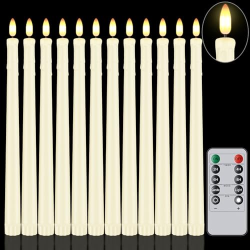 Warmhere 12 Pcs Flameless Taper Candles with Remote Timer 11 Long Battery Operated Taper Candles Flickering 3D Flame Plastic Fake LED Candlesticks for Home Wedding Party Halloween Ivory