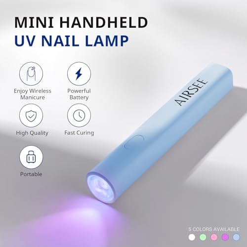AIRSEE Mini Handheld UV Light,Portable Rechargeable Nail Lamps,2 Timers for Fast Nail Extension,Rhinestone Glue Decoration,Gel Strips at Home,Travel(Blue)
