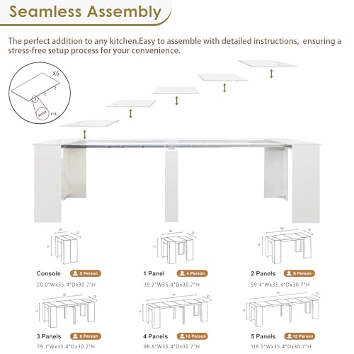 Image of Extendable Dining Table, Transformer Console to Dining Table for 12 People, Folding Space Saving Dining Room Table for Small Spaces, White Marble