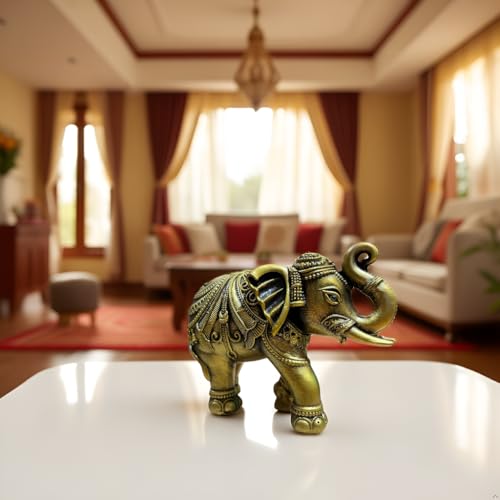 Image of Lamcy PlazaDecorative Elephant Showpiece for Home Decor | Golden Elephant Statue with Raised Trunk | Vastu Feng Shui Lucky Elephant Figurine for Living Room, Office Desk & Gift
